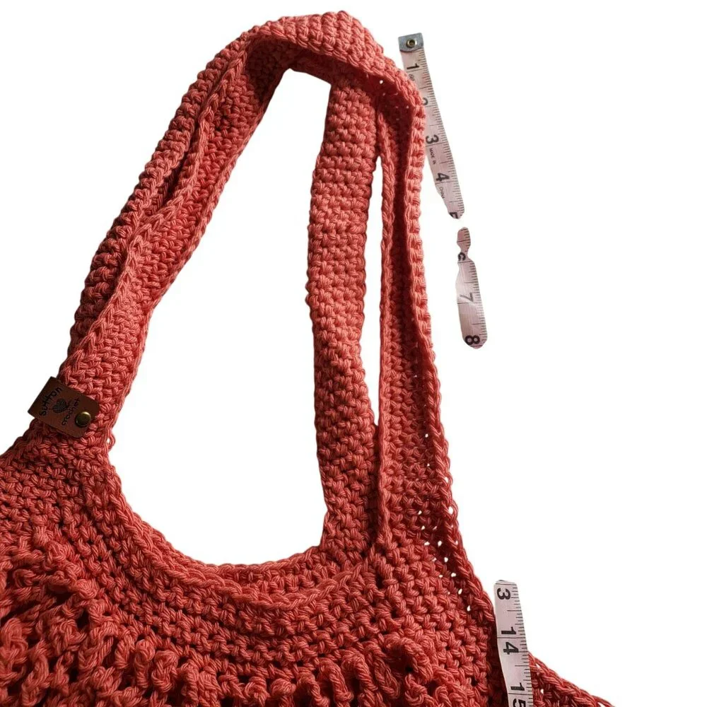 Handmade Crochet Mesh Market Bag Coral Pink Cotton Farmers Market Reusable Beach